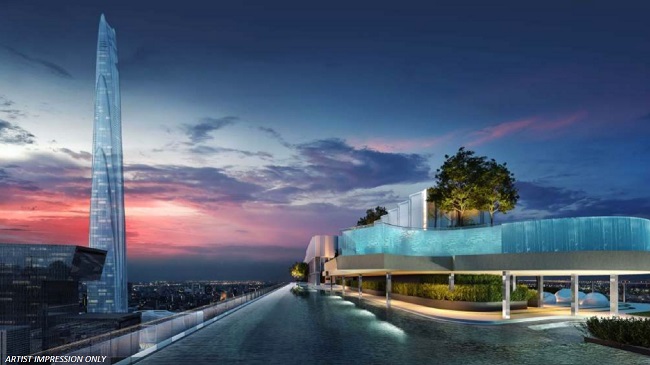View of the Super Tower from infinity pool of Life Asoke Rama 9 Bangkok